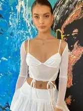 

Mesh White Crop Top Long Sleeve Tees Ruched T-shirt Women Y2K 2022 Spring Sexy Tops Female Cut Out Shirts Club Blouse Clothes