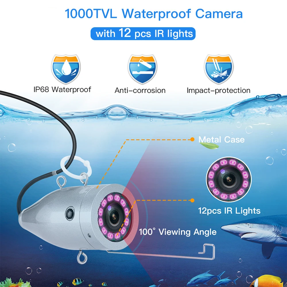 Eyoyo EF07 Fish Finder Kit 7" Color Monitor Underwater 12pcs IR Fishing Camera 15M 30M 50M Cable Aluminum Carry Case Waterproof