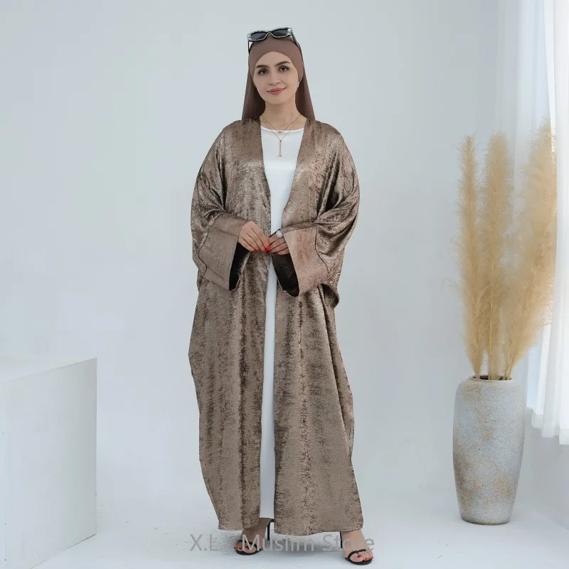 Eid Ramadan Open Kimono Satin Abaya Luxury Batwing Dubai Kaftan Muslim Dress Modest Loose Islam Kebaya For Women Clothing Robe