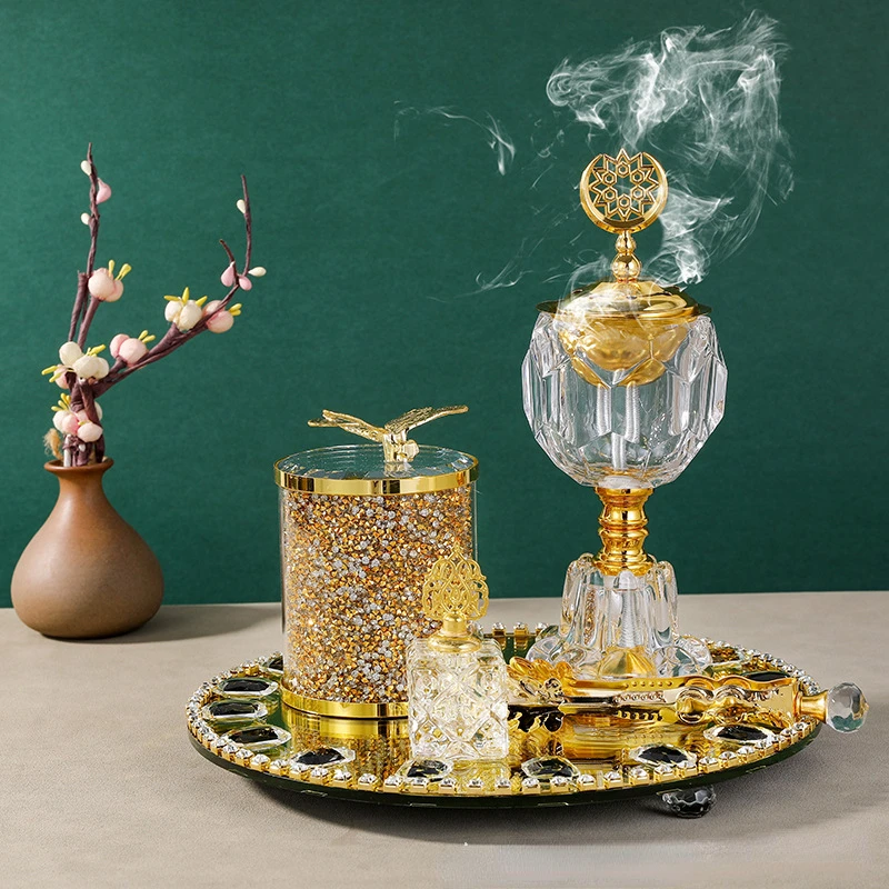 

5Pcs Luxury Crystal Incense Burner Set Eid Ramadan Mubarak Arabic Censers with Diamond Stove for Home Decoration Wedding Gift