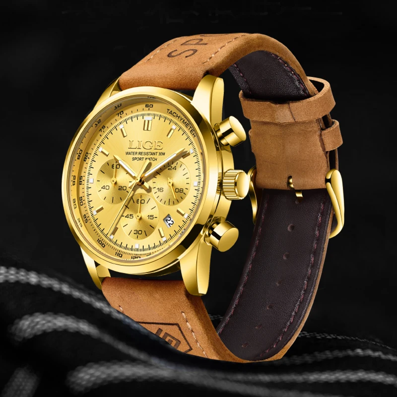 LIGE Top Brand Luxury Mens Watches Fashion Military Sport Men's Quartz Wristwatches Casual Leather Waterproof Watch Reloj Hombre
