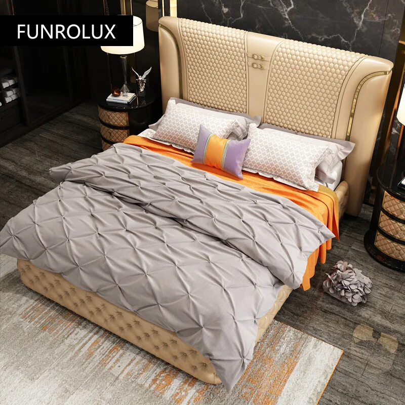 Modern leather bed leather bed luxury simple first layer cowhide double master bedroom marriage bed1.8Rice