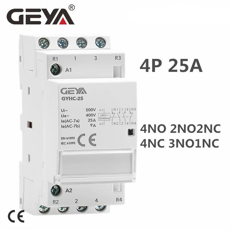 Geya-contator Modular Doméstico tipo Trilho Din Contator Automático ac Gyhc 4p 25a 4nc 4no 2no2nc 3no1nc 50hz 60hz