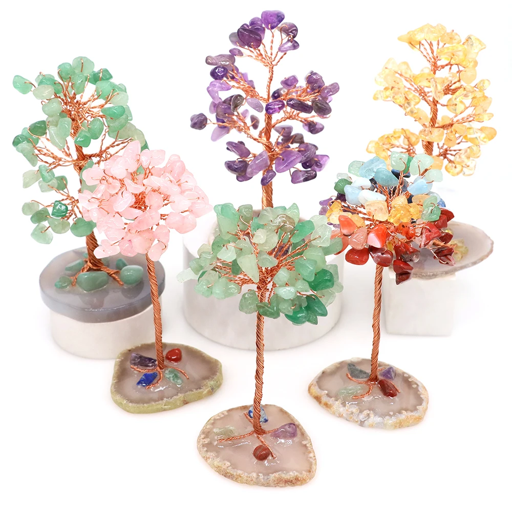 

Lucky Wealth Tree Copper Wire Winding Natural Crystal Quartz Gravel Stone Agate Base Healing Feng Shui Ornaments Home Decoration