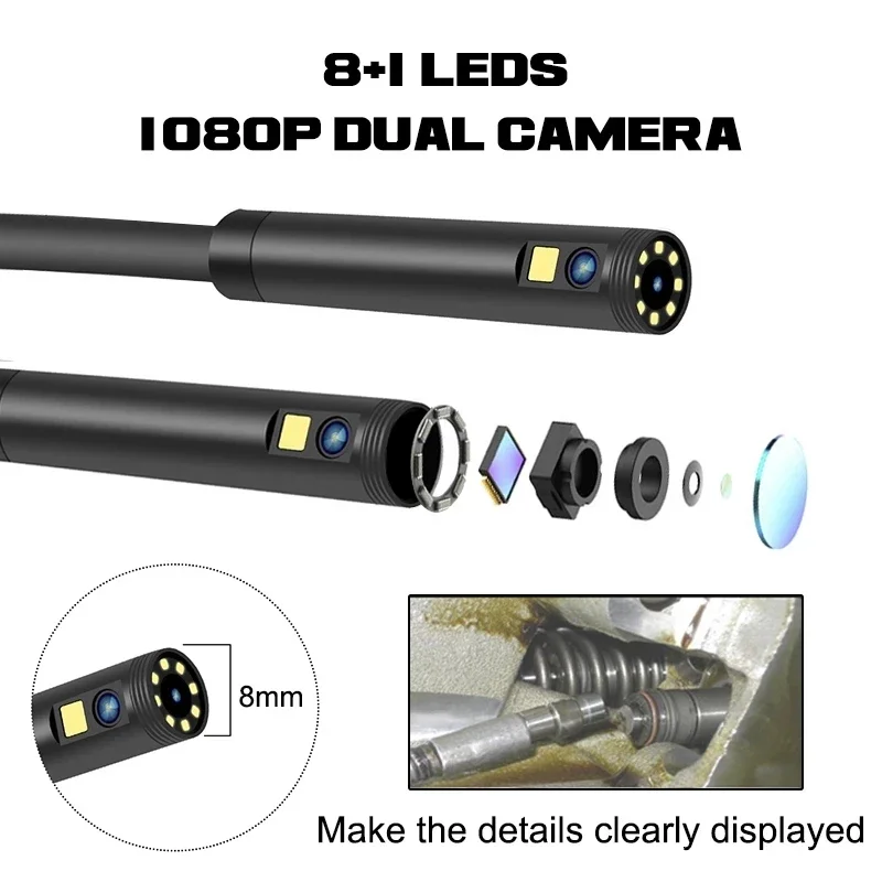 Digital Endoscope Camera 8mm Dual Lens IP67 Industrial Borescope 4.3“ HD Screen LED Pipe Inspection Camera Hard Cable Endoscope