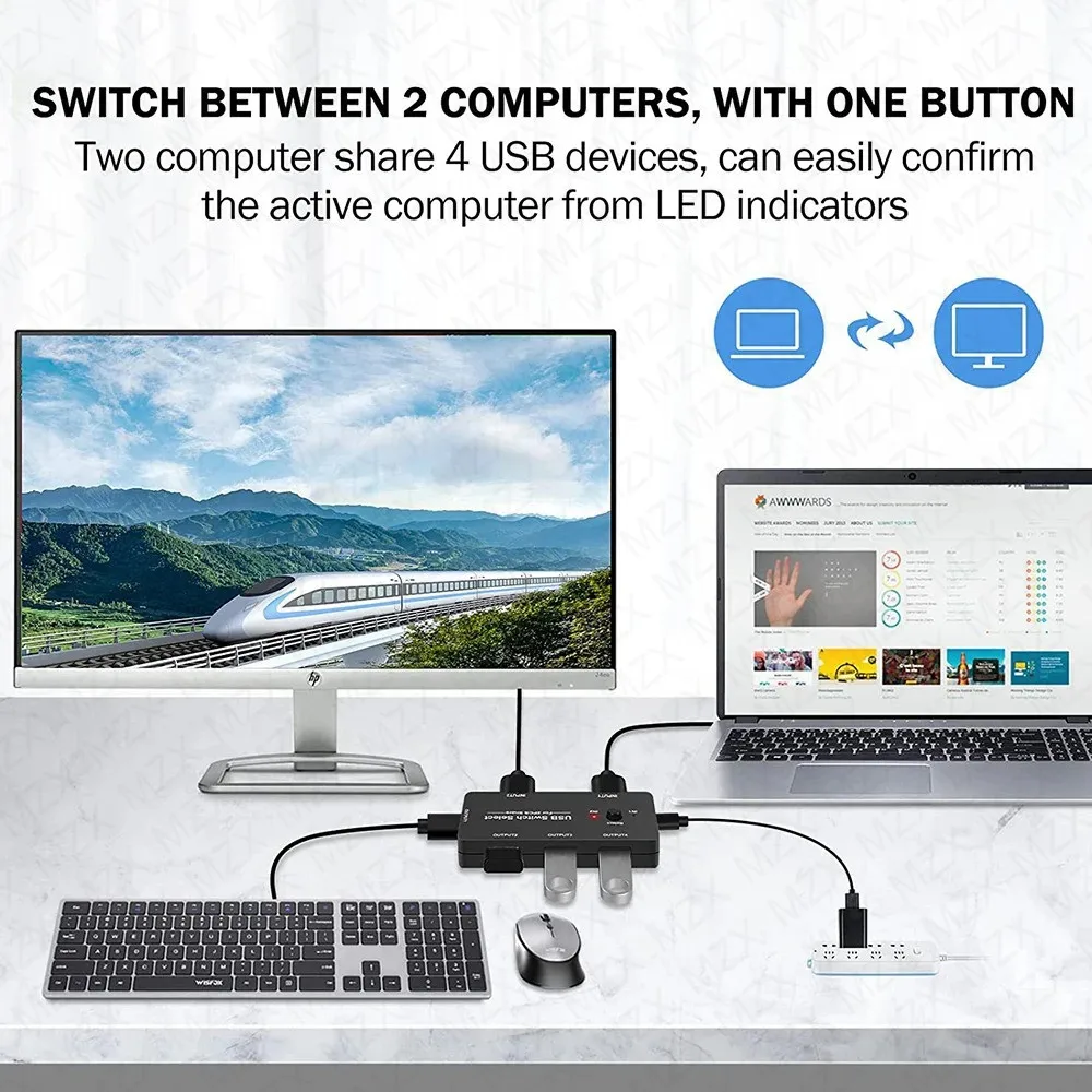 MZX KVM USB Switch - 2-Host Selector for Computers Laptops Printers Keyboards and Mice