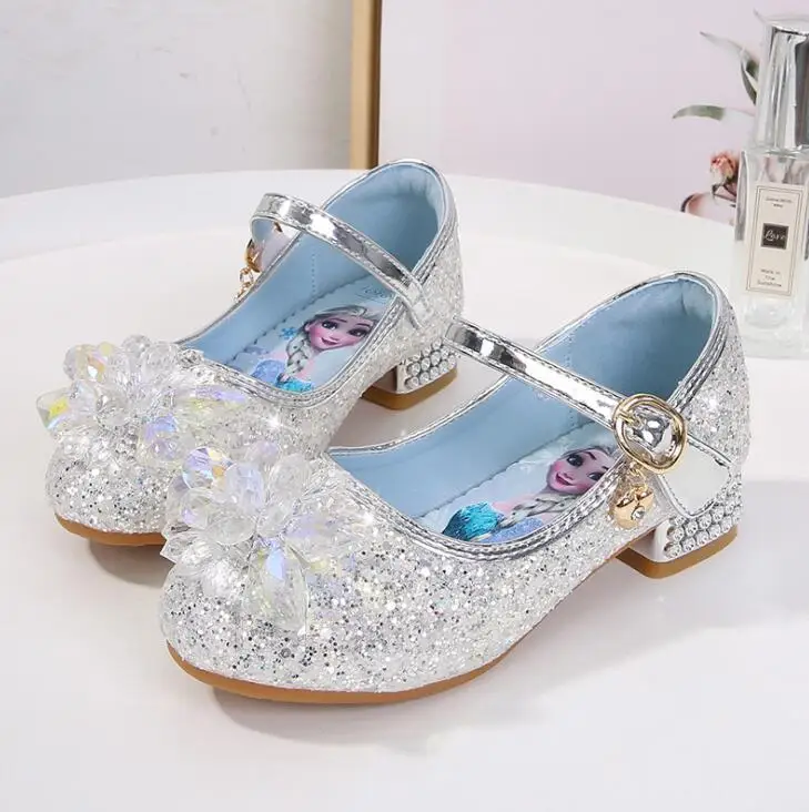 Disney Little Girls Frozen Aisha Girls High-heeled Shoes Children Cartoon Princess Elsa Glitter Shoes Cute Girls Crystal shoes