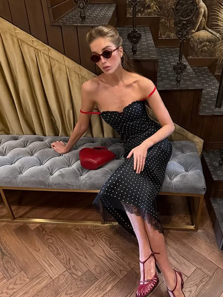 CNYISHE Abiti da donna eleganti con stampa a pois e patchwork in pizzo, estivi, per le vacanze, con fascia sui fianchi, aderenti, alla moda, per feste femminili - immagine 2