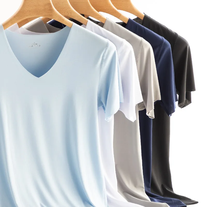 

Ice Silk Seamless T-shirts Men Thin Men's Short-sleeved Sports Quick-drying Sexy T-shirt Bottoming Shirt Casual Tees V-Neck Tops