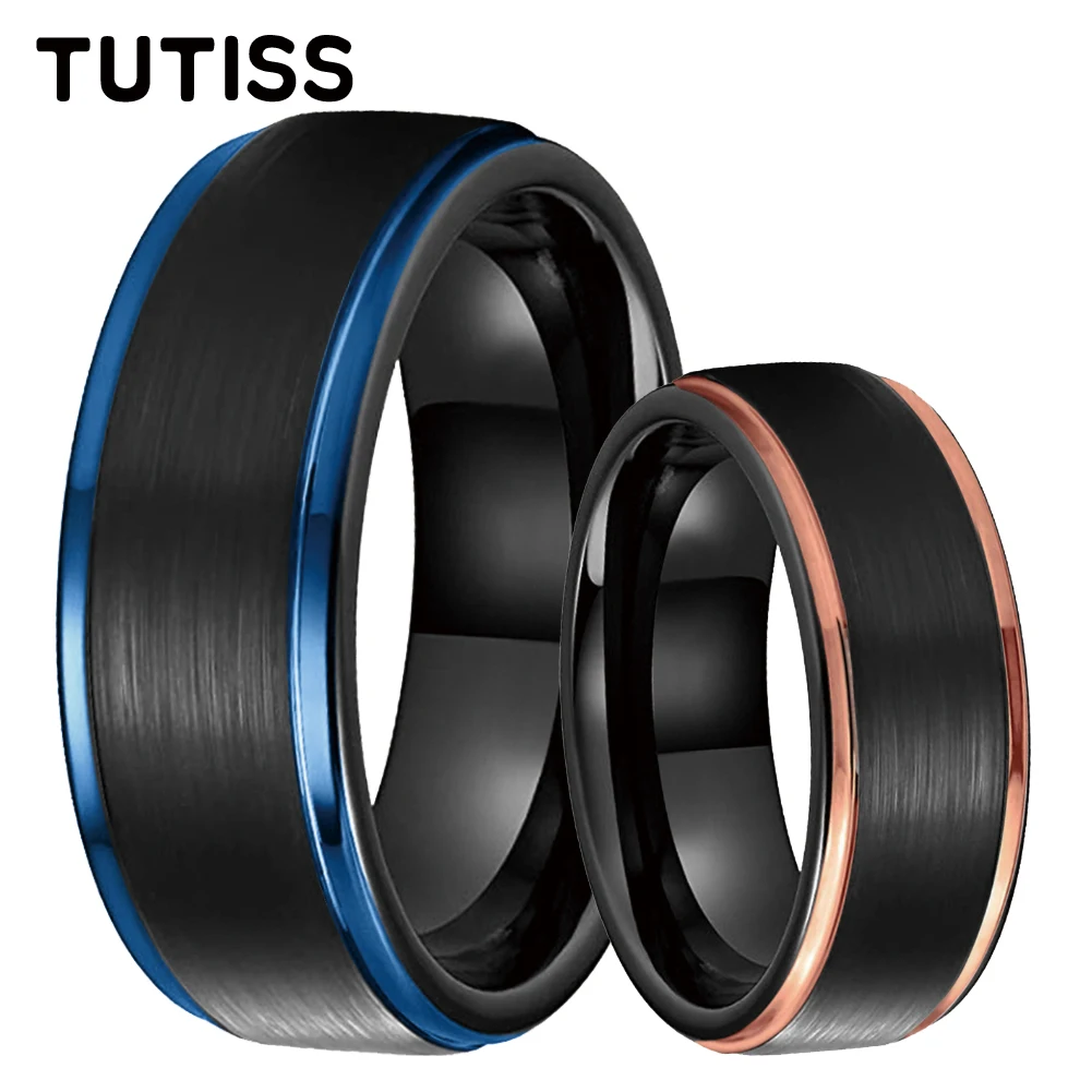 

TUTISS 8mm Black Blue Color Tungsten Carbide Ring Fashion Gift Jewelry For Men Women Stepped Brushed Finish