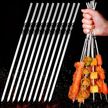 10PCS Kabob Spiedini Piatto In Metallo In Acciaio Inox BBQ Barbecue Spiedino 12 "Anti-Rotolo Heavy Duty Shish Kebob Sticks Ampio Riutilizzabile Gri 1