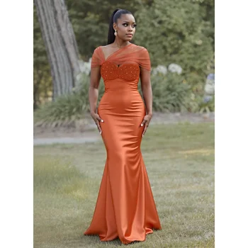 Custom Orange Satin Mermaid Evening Dress Off Shoulder Mesh Beaded Ball Dress Elegant Slimming Wedding Guest Dress 1
