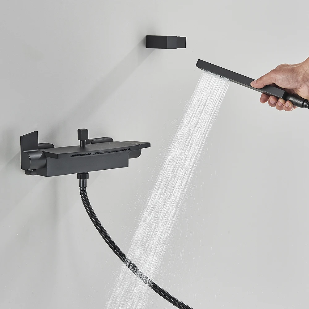Matte Black Waterfall Spout Bathtub Faucet Hot and Cold Water Mixer Faucet Bathroom Faucets Wall-mounted Bathtub Mixers Taps 3