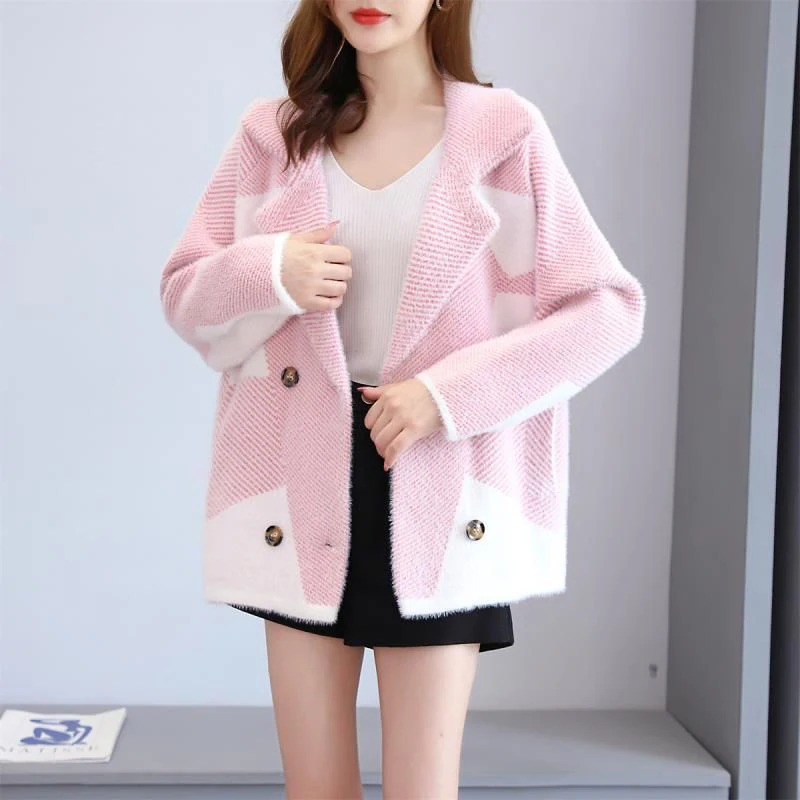 

Imitation Mink Velvet Coat Women Jacquard New Autumn Winter Knitted Double-Sided Mink Velvet Coat Female Korean Knit Jacket