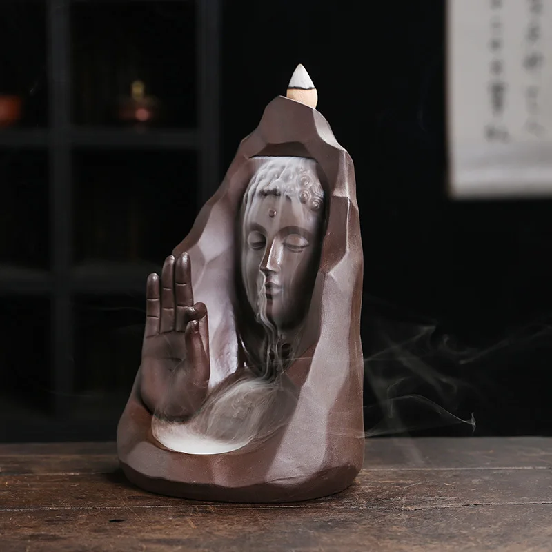 Buddha Purple Clay Handicrafts Fingered Citron Waterfall Backflow Incense Burner Home Decor Incense Stick Holder Ceramic Censer