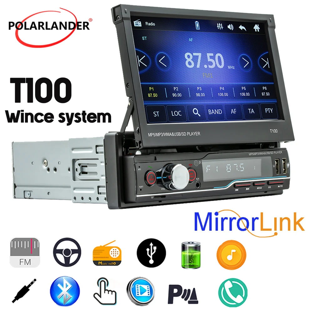 

Car Multimedia Player Wince T100 RDS 1 DIN 7'' Bluetooth for Universal Dual USB Manual Retractable Screen FM MP5 player
