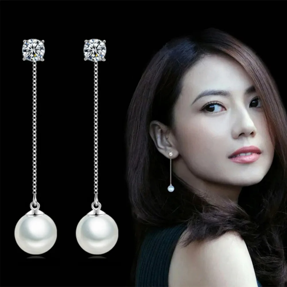 Silver-color Simulated Pearl Pendant Long Chain Cubic Zirconia Earrings Bridal Wedding Jewelry Drop dangle earrings drop earrings pendant earrings long earrings pearl earrings crystal earrings