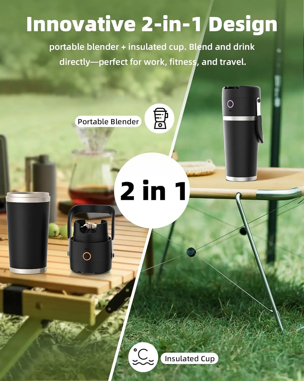 Portable Blender with Insulated Cup, 20 oz, USB-C Rechargeable, 11.1V Motor, LED Display, Stainless Steel, Keep Cold 24H, Self-c