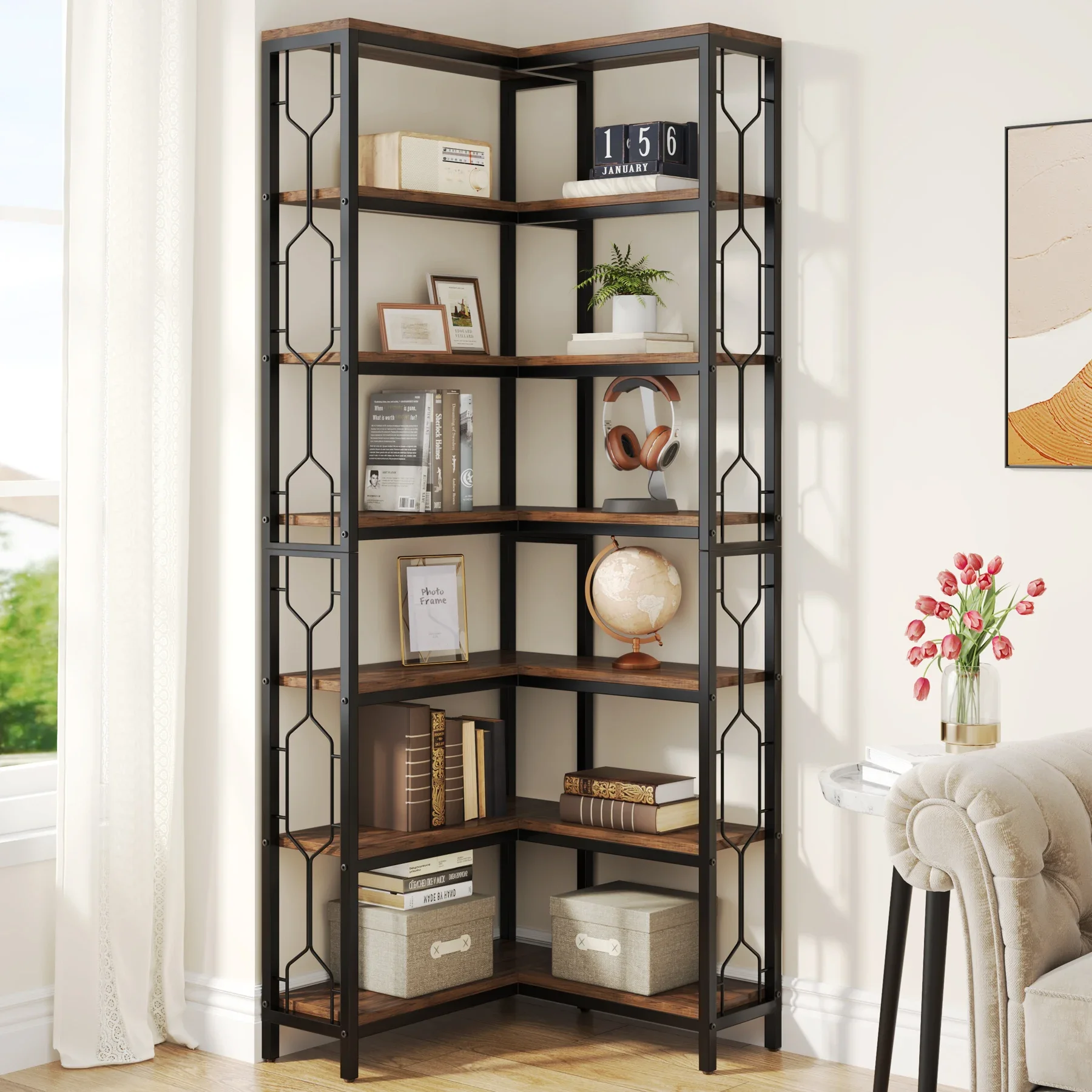 

Corner Shelf, 7-Tier Industrial Bookshelf, Wood and Metal Corner Etagere Bookcase, Freestanding Display Shelf for Living Room