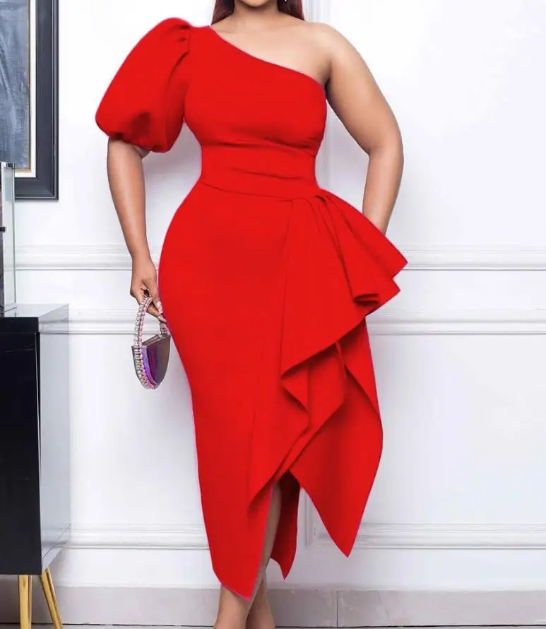 

Женское офисное платье с оборками, элегантное платье с косым вырезом и разрезом, привлекательное вечернее платье на одно плечо с пышными рукавами, 2023