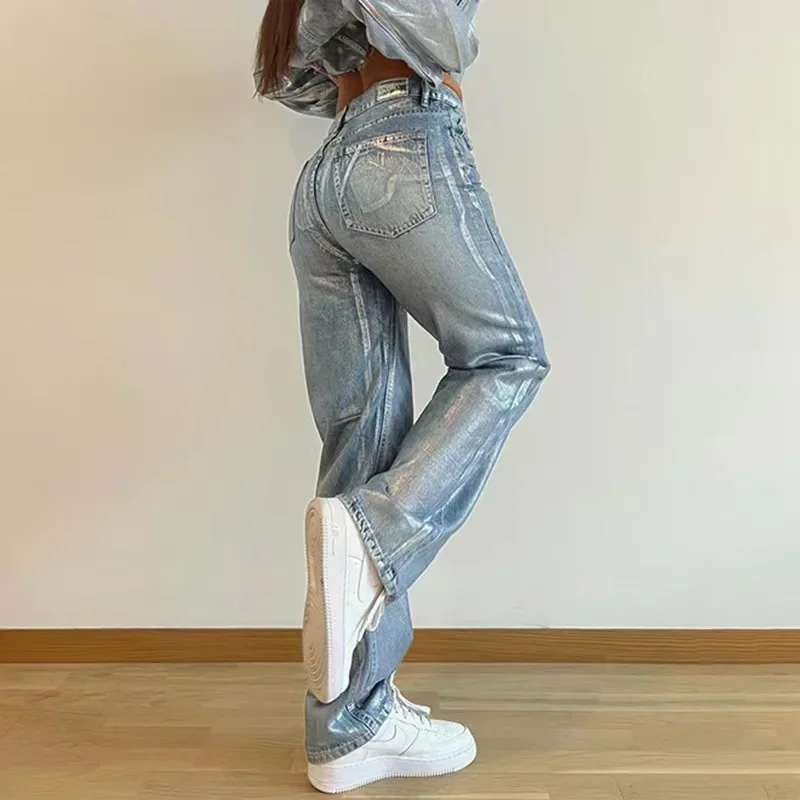 Washed Print High Waisted Jeans Women Fashion Basic Baggy Long Pant for Women's Street Cargo Slouchy Denim Pants Woman