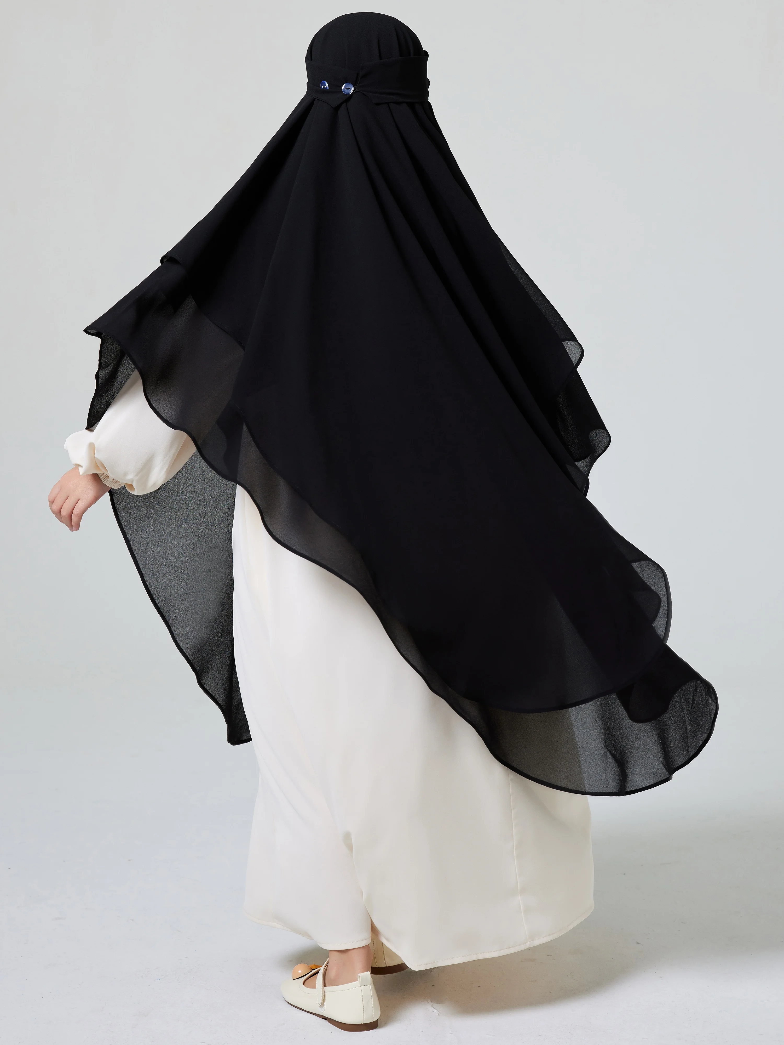Ramadan Middle Eastern Muslim Girls Hijab Button Front and Back Double Chiffon Big Circle Swing Khimar