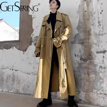 gestring Women Trench Coat Full Sleeve Double Breasted Windbreaker Drawstring Handsome Loose Leisure Long Men Overcoat Autumn 1