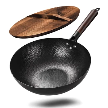 Carbon Steel Wok,Woks and Stir Fry Pans with lid Kitchen Cookwar For Electric,Induction and Gas Stoves Flat Bottom Wok