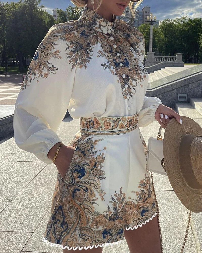 cute two piece sets Elgant Two-piece Suit Women Spring Floral Print Button Front Long Sleeve Top & Shorts Set Women Suit 2021 Shorts Sets midi skirt co ord