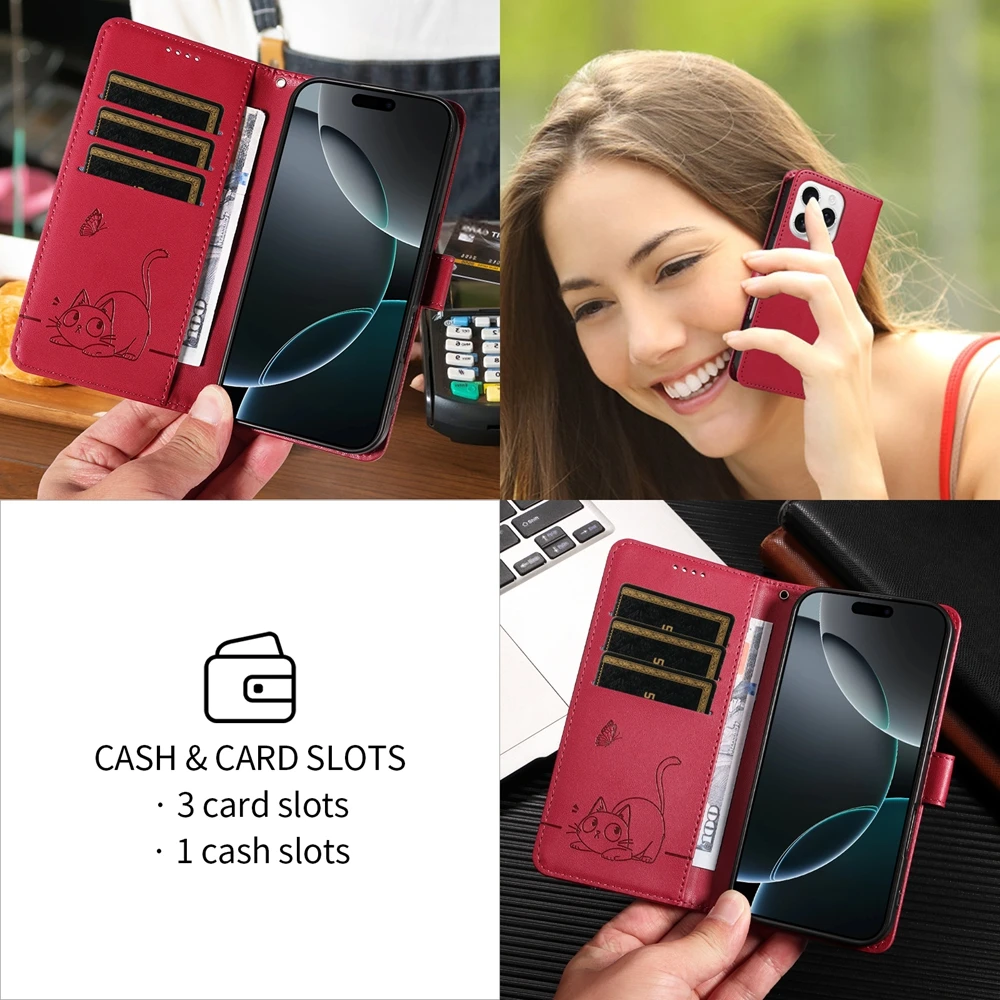 Premium Magnetic Leather Wallet Case with Cat and Butterfly Embossed Design