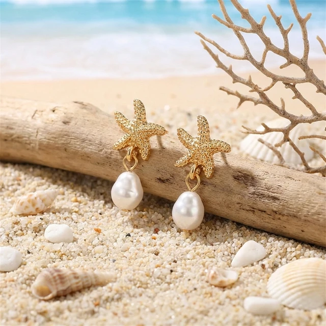 Boucles d'oreilles délicates en forme d'étoile de mer avec perles d'imitation couleur or pour femme, style Mermaidcore, pendantes, bijoux de vacances d'été