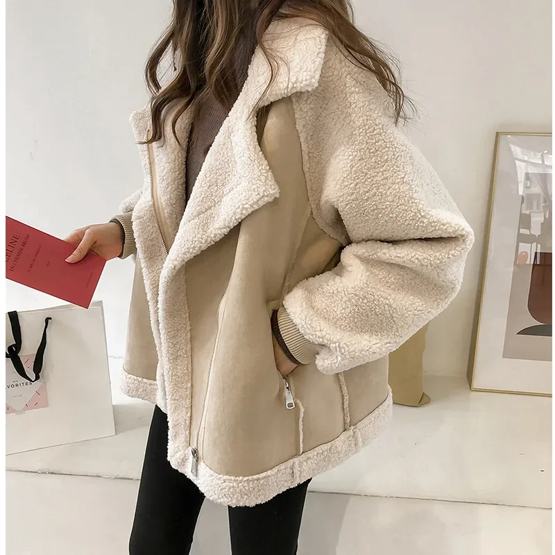 

Winter Loose Splice Contrast Biker Jacket Korean Brown Women Fleece Thicken Coat Vintage Large Size Casual Lapel Female Outwear