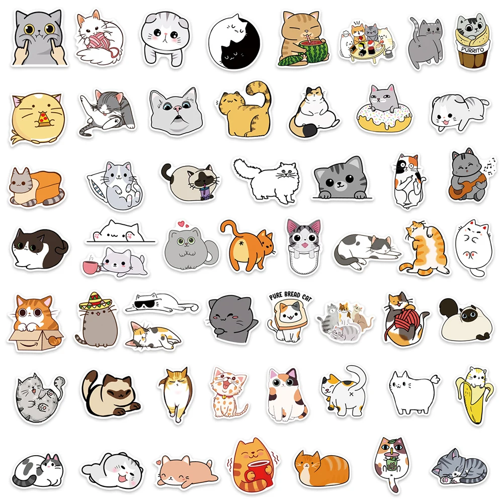 10/30/50/100pcs Cute Cat Kitty Cartoon Stickers Decals Kids Toy Laptop Phone Suitcase Notebook Guitar Fridge Decoration Sticker