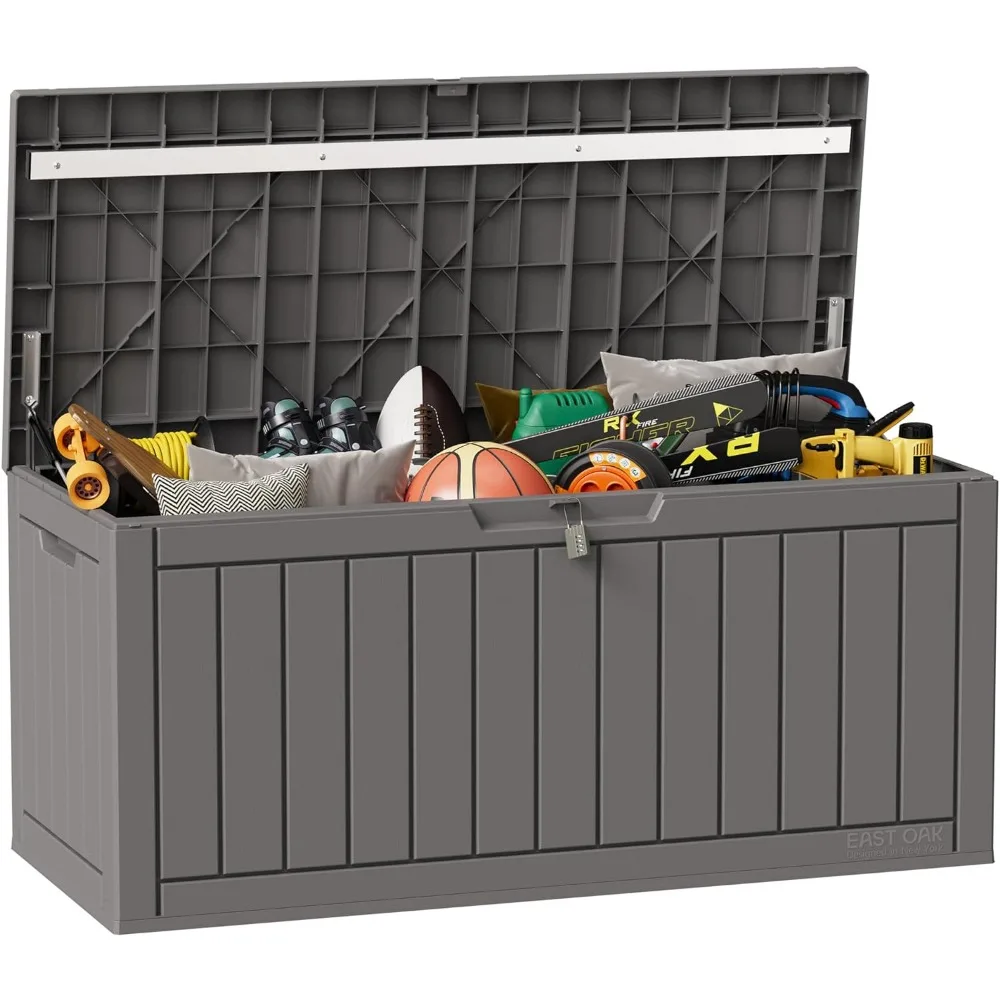 

90 Gallon Deck Box, Waterproof Resin Storage Bin for Patio Cushions, Gardening Tools, Outdoor Toys, Lockable, UV Resistant, Grey