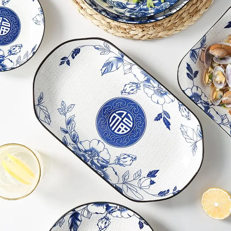 Household Chinese Lucky Character Tableware Printed Underglaze Colored Ceramic Dining Disc Square Plate Fruit Vegetable Plate
