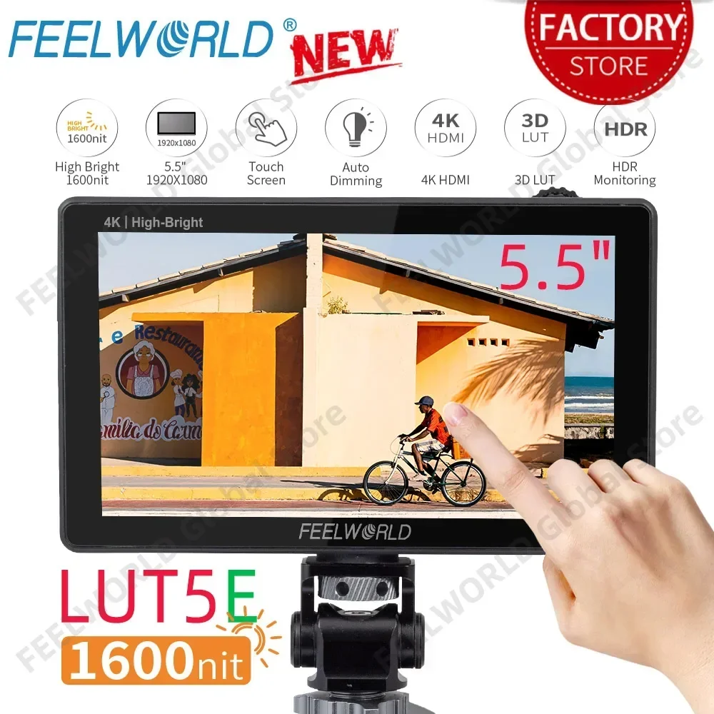 FEELWORLD LUT5E 5.5 Inch 1600nit Touch Screen Field Monitor DSLR Camera F970 External Power and Install Kit 4K HDMI 1920X1080