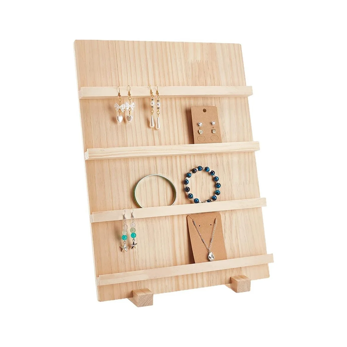 

4-Tier Wooden Earring Display Stand,with Slots Rustic Earring Display Card Holder for Showing Exhibition Jewelry Storage