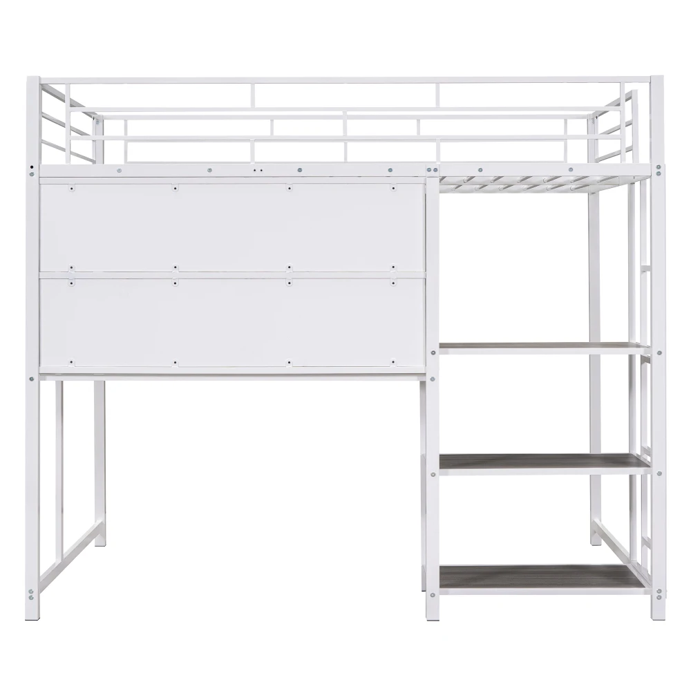 Full Size Loft Bed with Desk and Whiteboard, Metal Loft Bed with 3 Shelves and Ladder, White 4