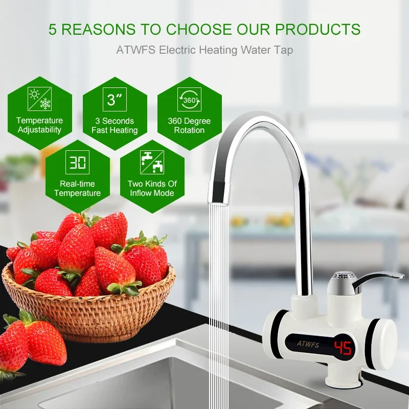3000W Tankless Water Heater Faucet Shower Instant Tap Heating Hot Water Kitchen and Bathroom