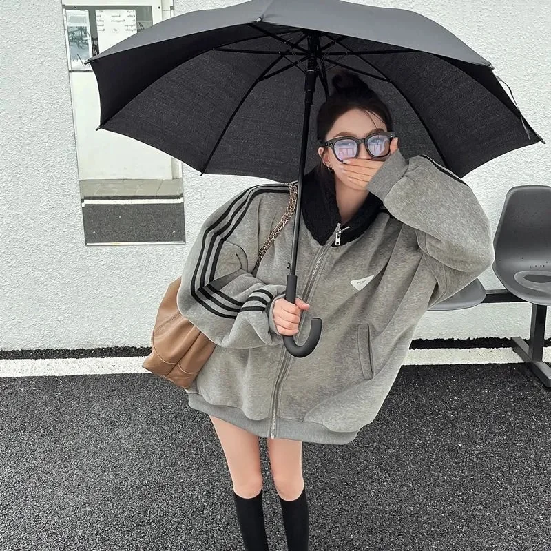 Anti Lamb Wool Coat Women Fat MM2023 Winter New Korean Version Loose Simple Versatile Plus Fleece Thickened Baseball Jersey Top