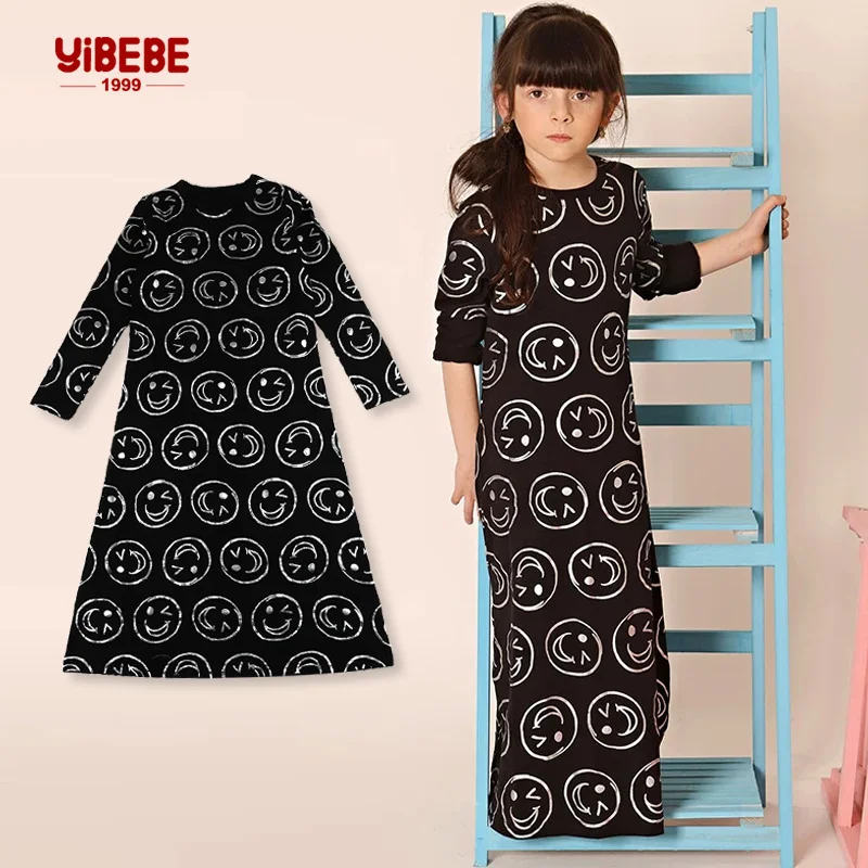 

AA-girls nightgown long sleeves dress summer spring round neck children smile print cotton and spandex girl nightgown clothes