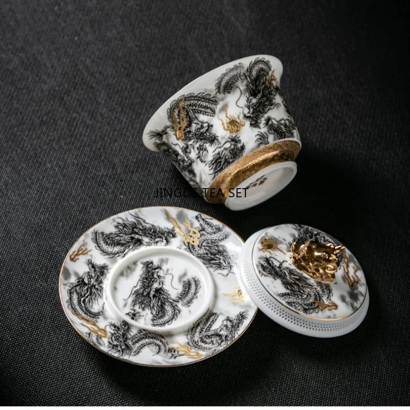 Chinese Dark Dragon White Sheep Fat Jade Porcelain Gaiwan 360&deg; Water Outlet Gold Painted High-end Retro Tea Bowl