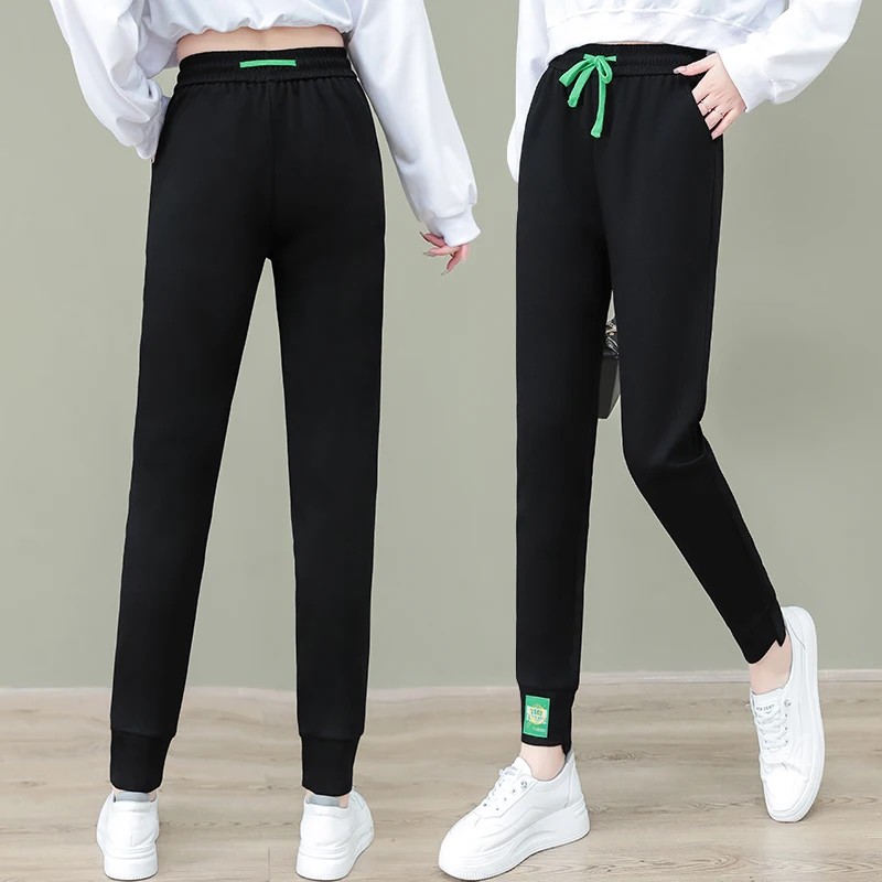 Spring and Autumn Women's Solid Colors High Waist Elastic Loose Straight Pants Plus Size Pockets Casual Sports Trousers