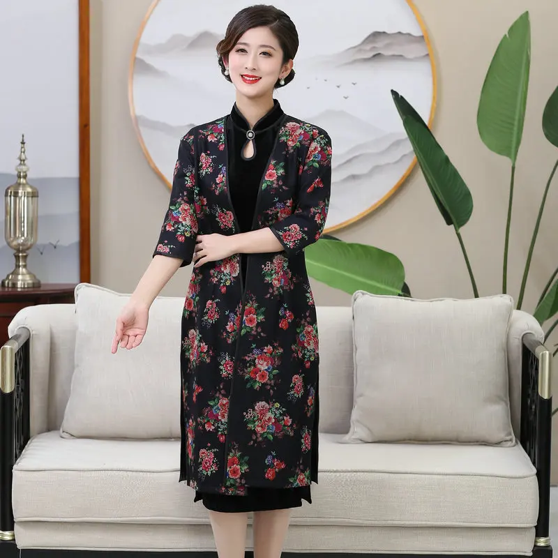 Oriental Style Women Black Flower Outerwear Side Splite Half Sleeve Knee Length Clothes Chinese Traditional Garment Lady Attire