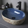 Ceramic Vessel Sink Lotus Flower Pattern Table Sink Above Counter Oval Washbasin Countertop Art Basin Bathroom Balcony Sink Bowl 1