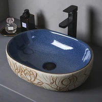 Ceramic Vessel Sink Lotus Flower Pattern Table Sink Above Counter Oval Washbasin Countertop Art Basin Bathroom Balcony Sink Bowl 1