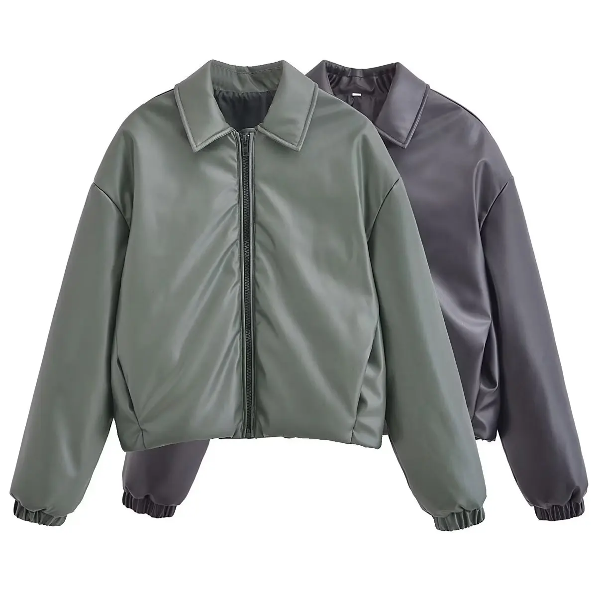 

Women New Fashion Imitation Leather Cotton Jacket Vintage Long Sleeve Zipper Pocket All-match Casual Female Outerwear Chic Tops