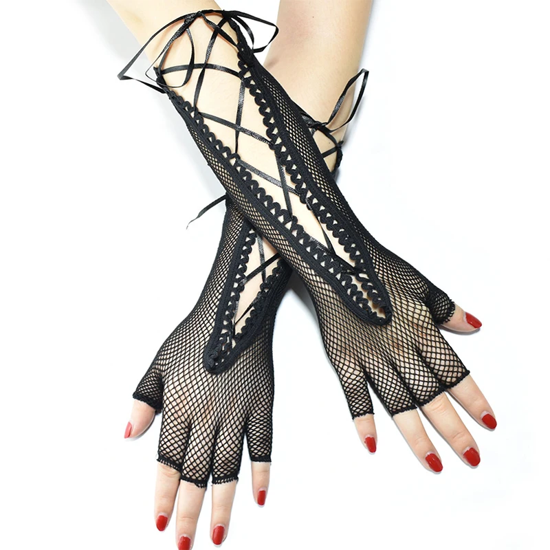 

Goth Rock Harajuku Long Gloves Elasticity Hollow Out Cross Ribbon Sexy Lace Fishnet Gloves Black Cool Half Finger Dance Mittens