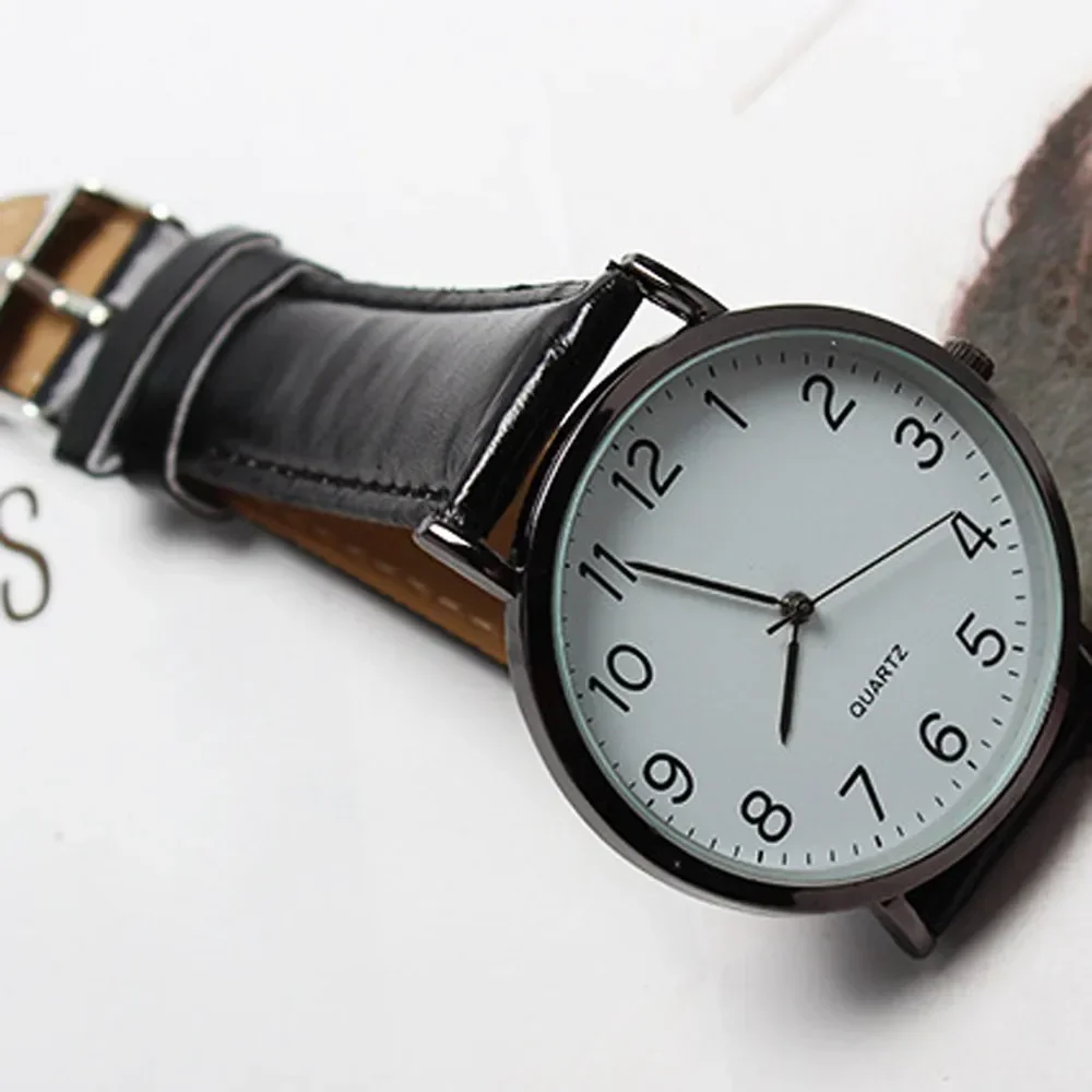 Men Watches Simple Business Analog Alloy Vintage Quartz Watch Arabic Number Strap Minimal Round Dial Classic Black Leather Strap 6
