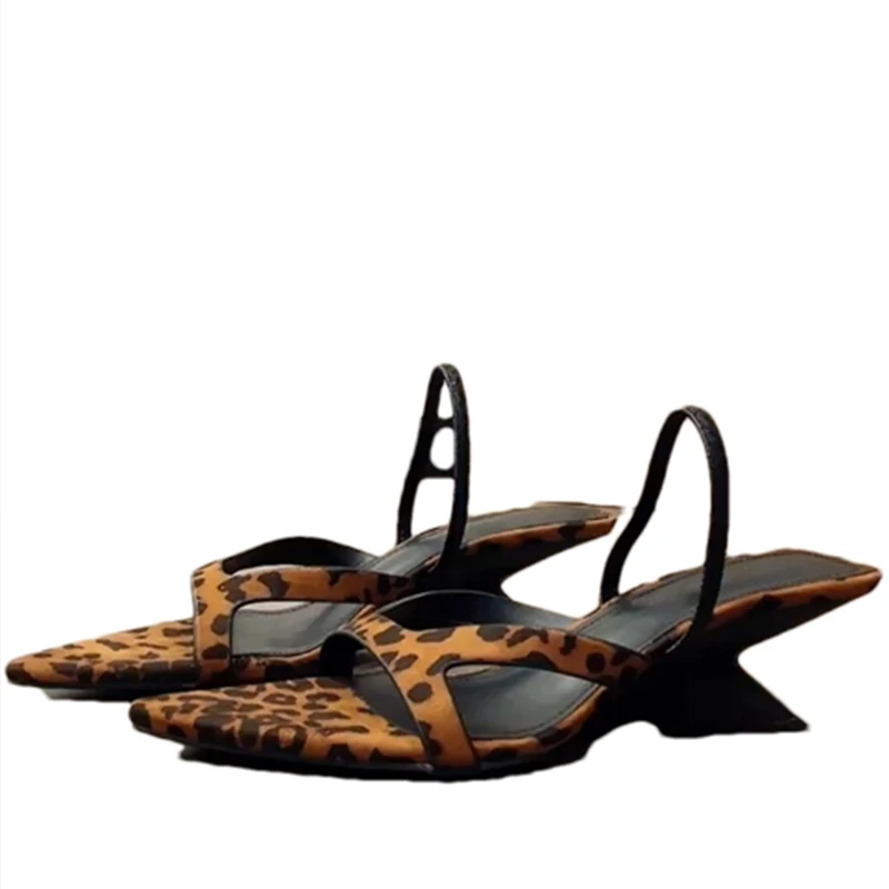 Leopard Print Summer Women Heeled Sandals Pointed Toe Shoes Woman Sexy Dress Slippers New Slingback Fad Sandalias De Mujer